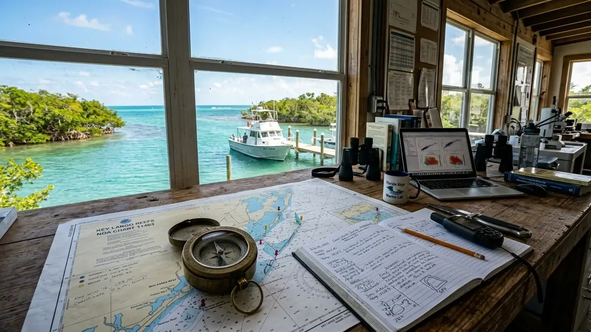 Captain Marcus Vance inspecting Florida Keys nautical navigation charts and NOAA bathymetric data at Key Largo research station