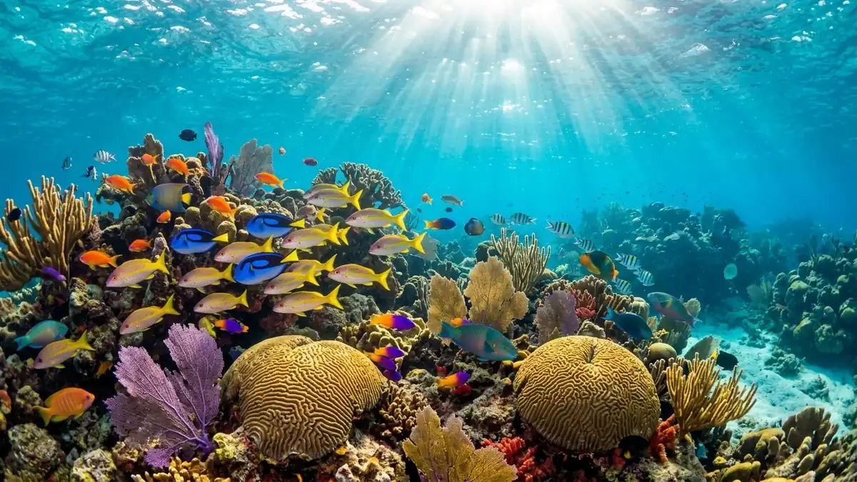 Underwater view of living coral reef in Florida Keys National Marine Sanctuary near Key Largo John Pennekamp
