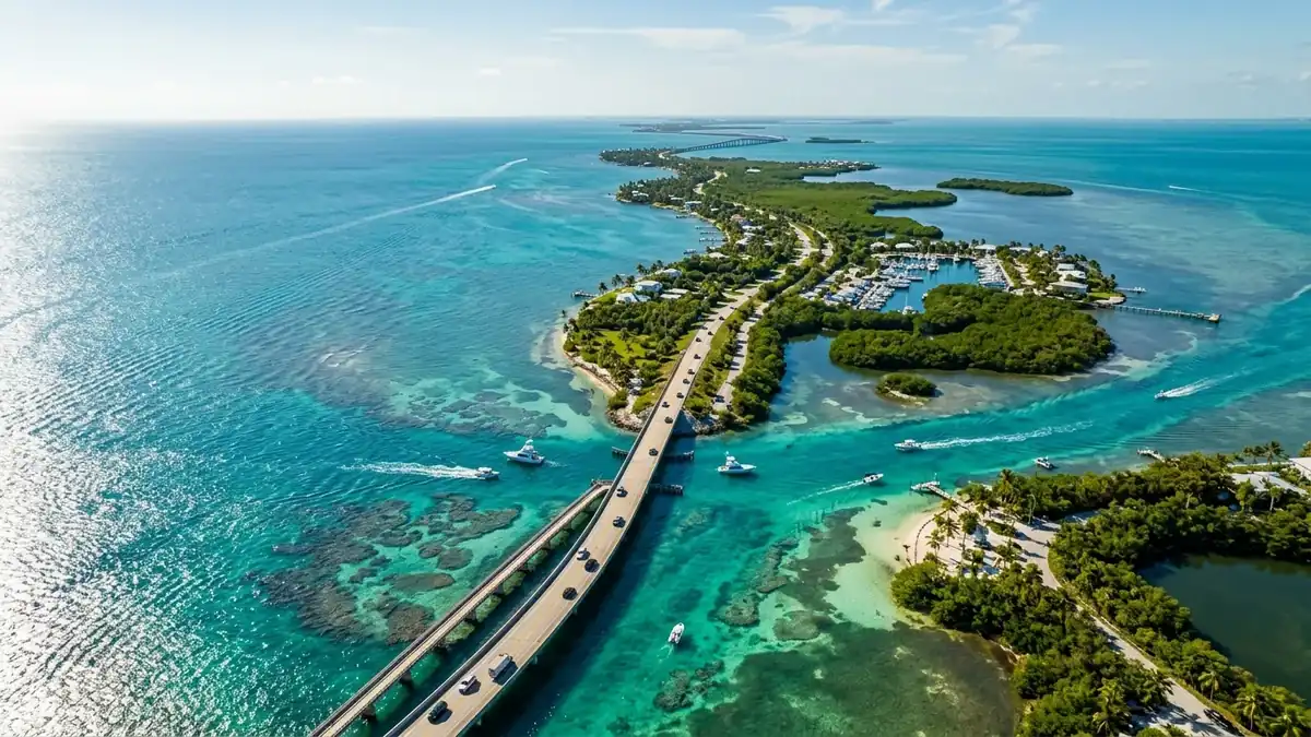 Aerial panoramic view of Key Largo Overseas Highway bridge spanning turquoise coral reef waters
