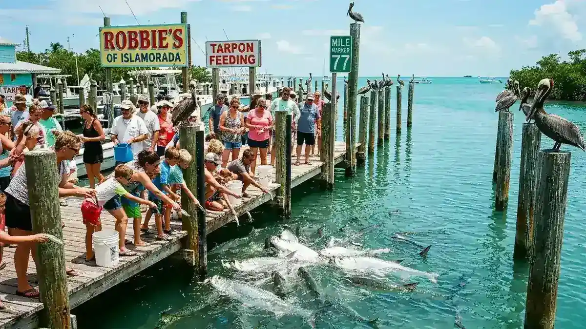 Visitors hand-feeding giant silver tarpon from the historic wooden dock at Robbie's Marina in Islamorada Florida Keys