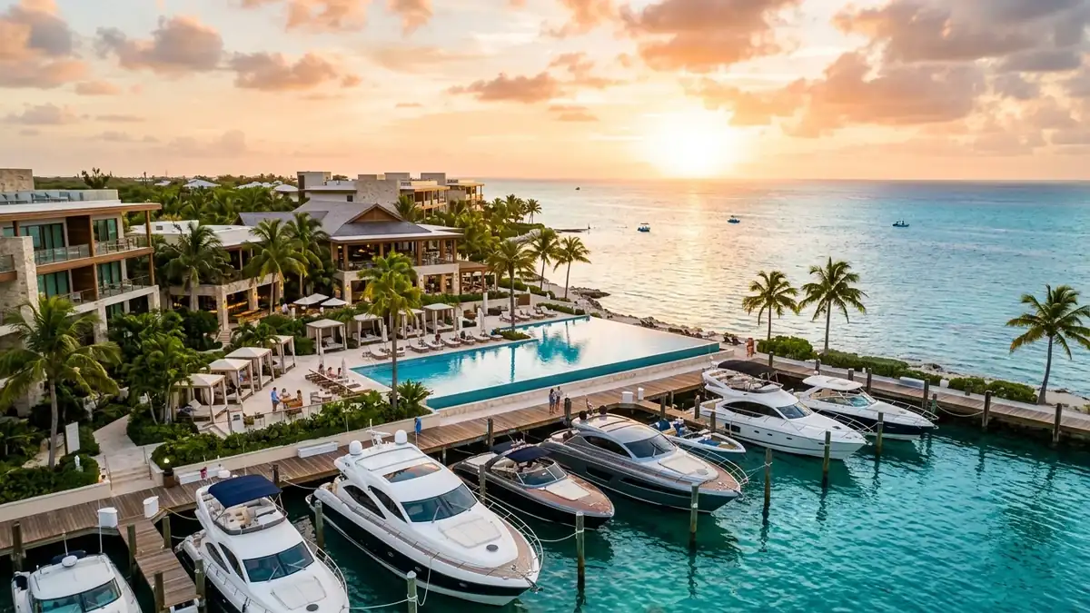 Aerial panoramic photograph of luxury Hawks Cay resort pool deck and deep-water marina on Duck Key Florida