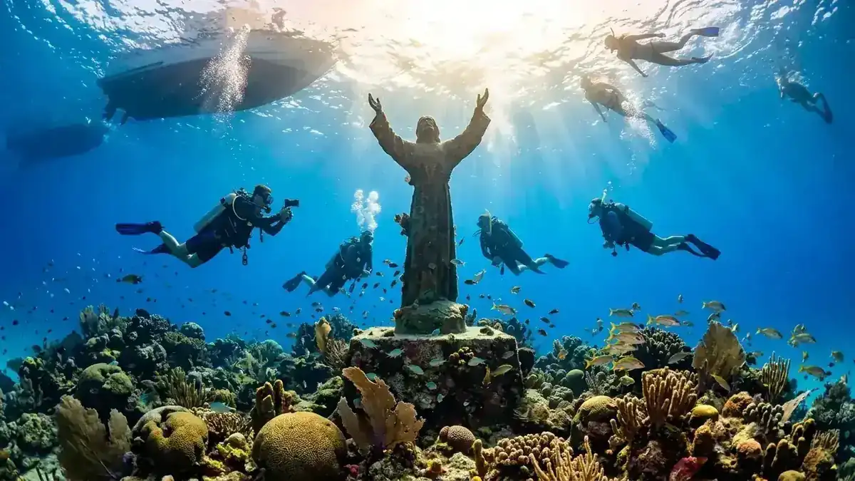 Underwater wide angle view of scuba divers and snorkelers around the bronze Christ of the Abyss statue in Key Largo Florida